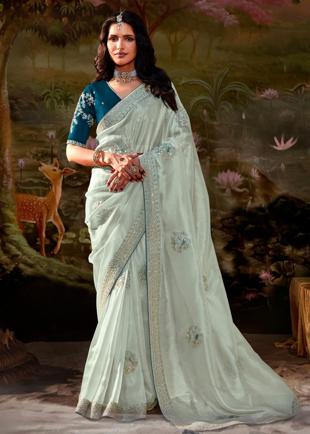 Teal Blue And Cream Cotton Silk Saree