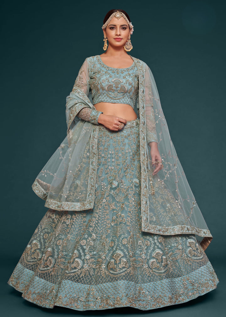 Aqua Blue Soft Net Lehenga with Thread, Zari, Badla and Glitter Dori Embroidery Work