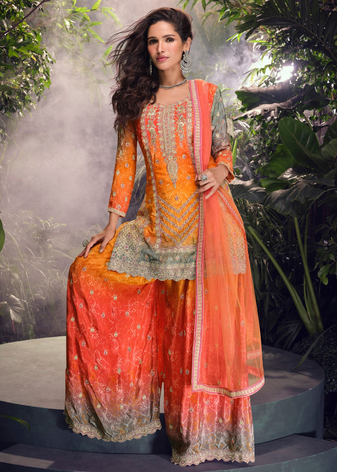 Tangrine Orange Chinnon Silk Plazo Suit With Mirror & Thread Embroidered Work