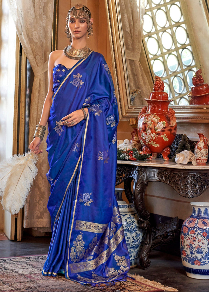 Bright Blue Satin Silk Saree