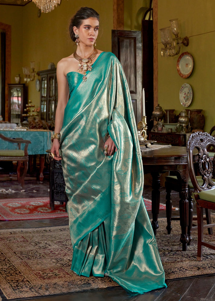 Aqua Green Pure Handloom Dharmavaram Weaving Silk Saree