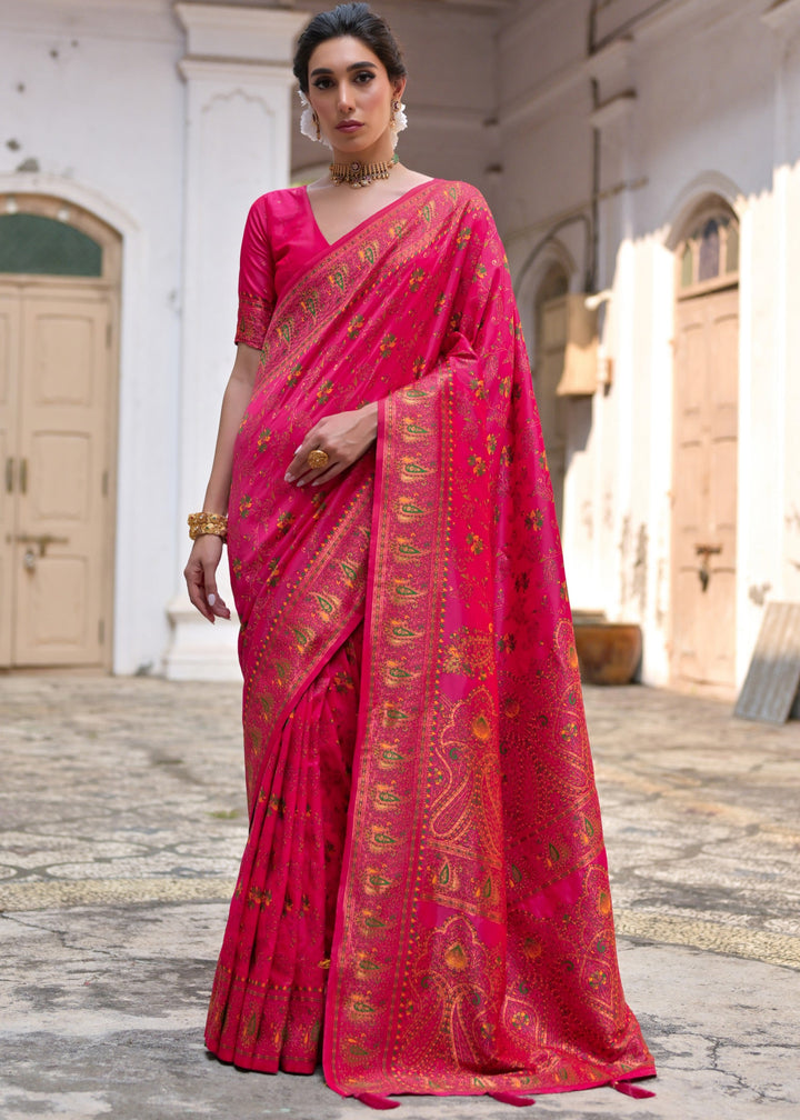 Pink Thread Woven Jal & Flower Silk Saree With Thread Woven Pallu