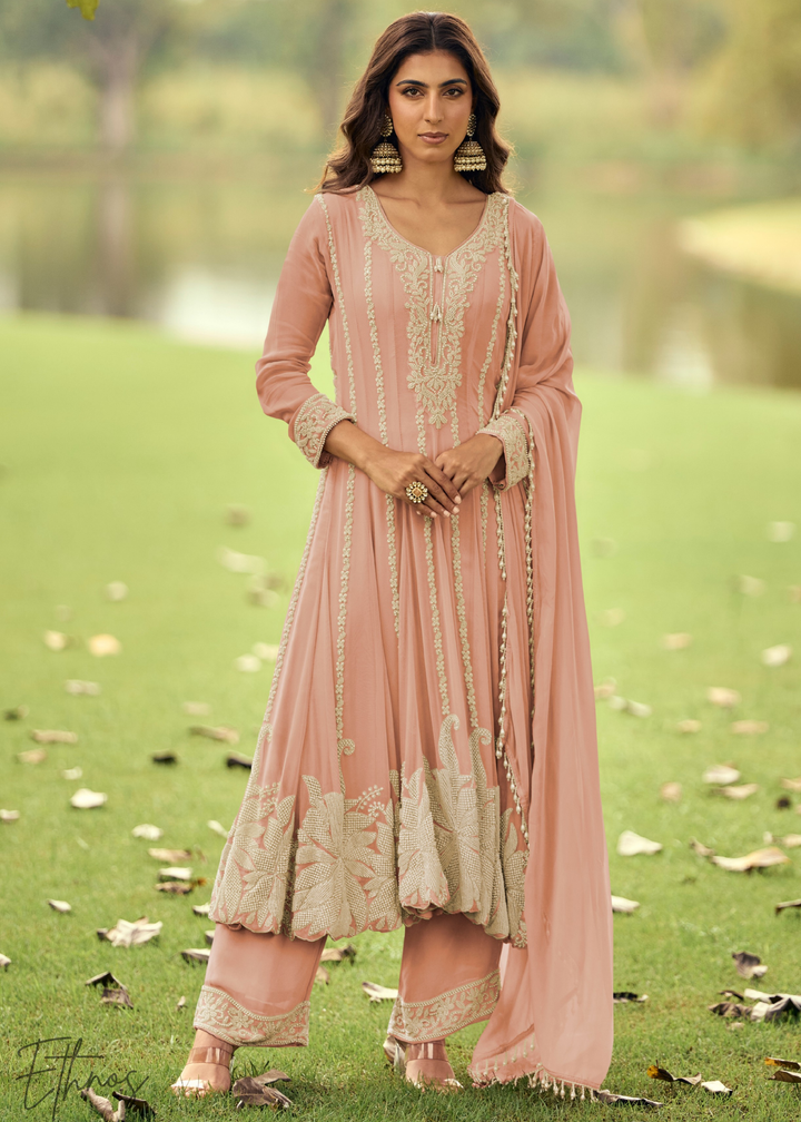 Peach Pink Georgette Anarkali Suit