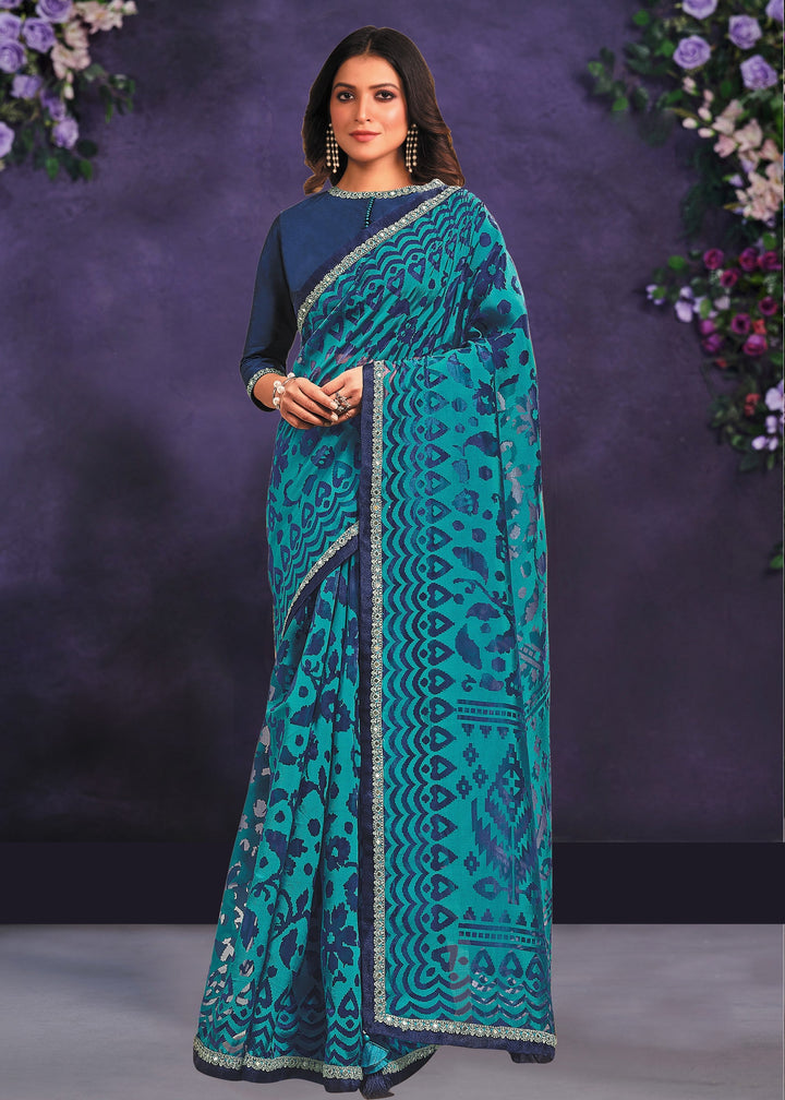 Persian Blue Designer Organza Saree