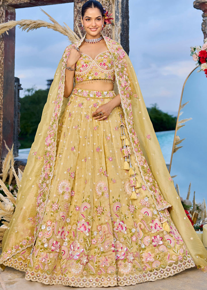 Yellow Organza Lehenga Choli with Beads & Sequince Embroidered