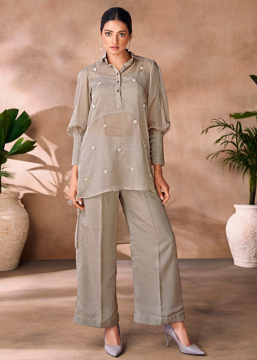 Grey Organza Handwork Co-ord Set