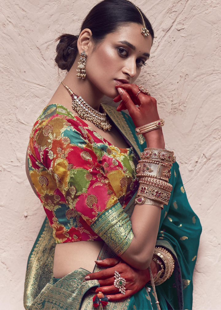 Prussian Blue Zari Woven Dola Silk Saree With Zari Woven Blouse