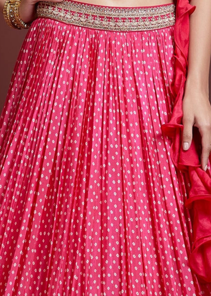 Azalea Pink Bandhani Printed Chinon Silk Lehenga Choli with Heavy Embroidery work