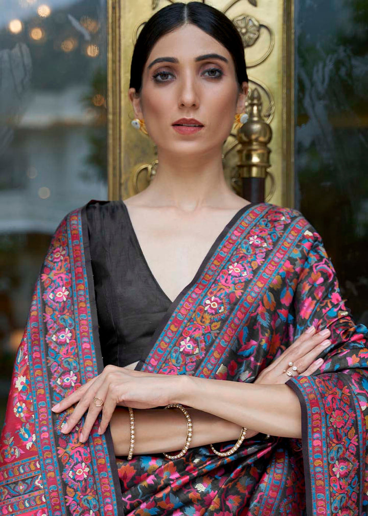Midnight Black Banarasi Jamawar Woven Silk Saree