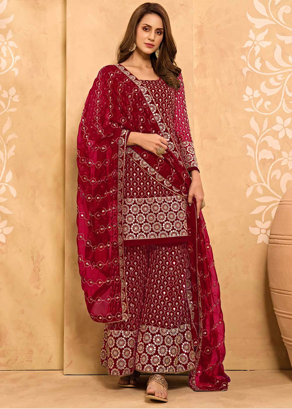 Cerise Pink Georgette Metti with Zari work Sharara Suit