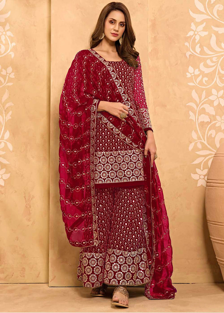 Cerise Pink Georgette Metti with Zari work Sharara Suit