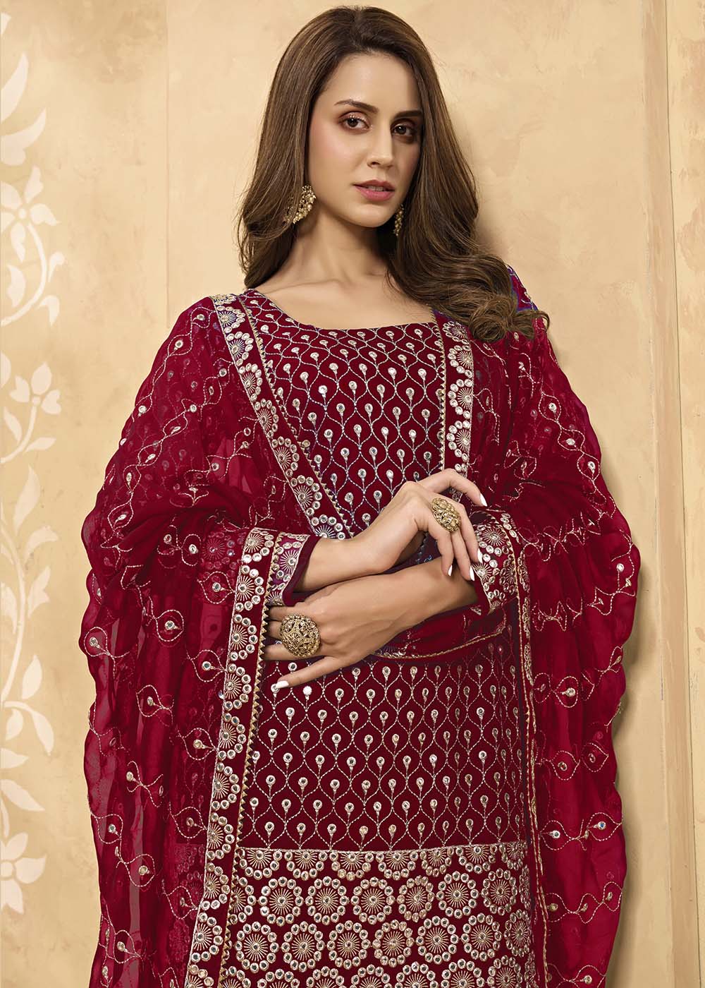 Cerise Pink Georgette Metti with Zari work Sharara Suit