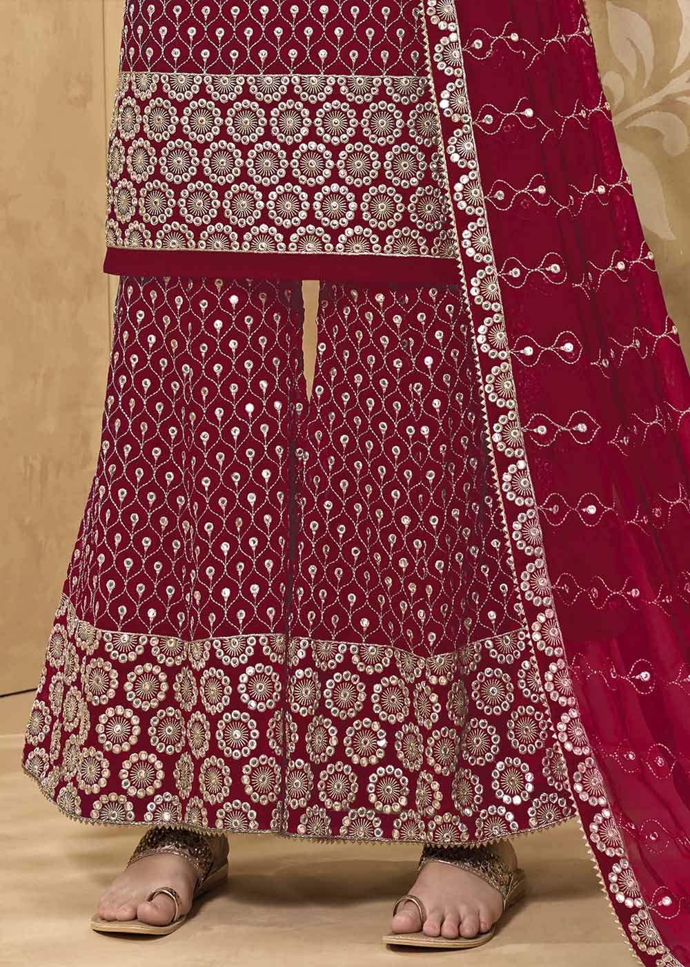 Cerise Pink Georgette Metti with Zari work Sharara Suit