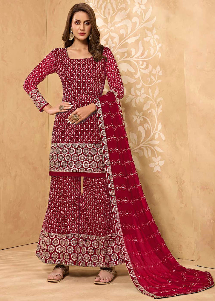 Cerise Pink Georgette Metti with Zari work Sharara Suit