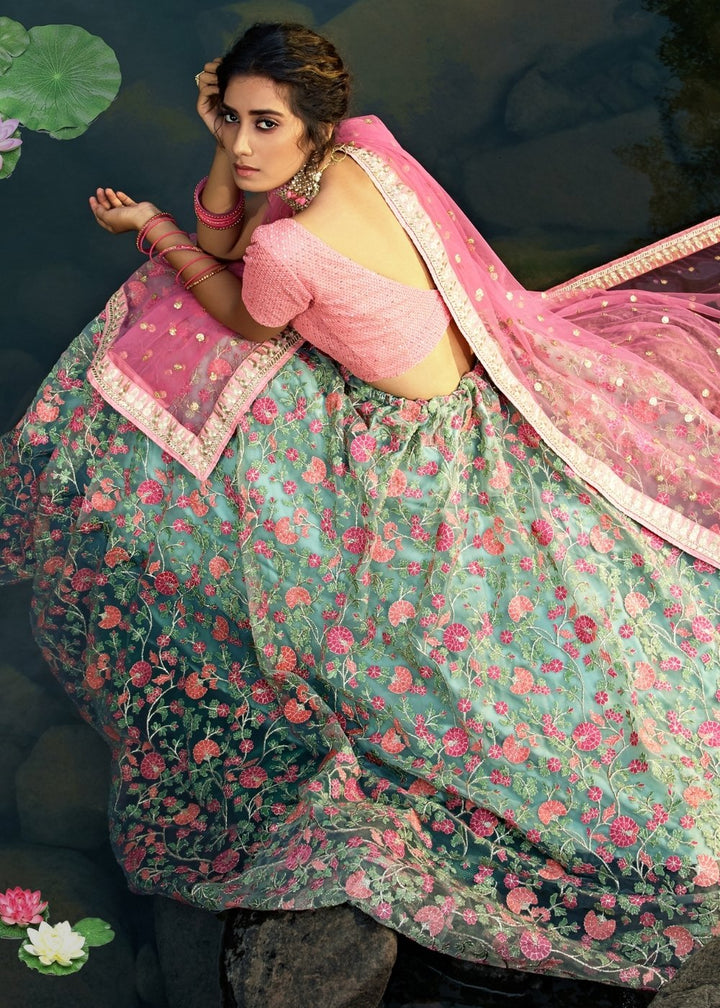 Pista Green & Pink Designer Soft Net Lehenga Choli with Sequins, Thread & Zari work : Top Pick