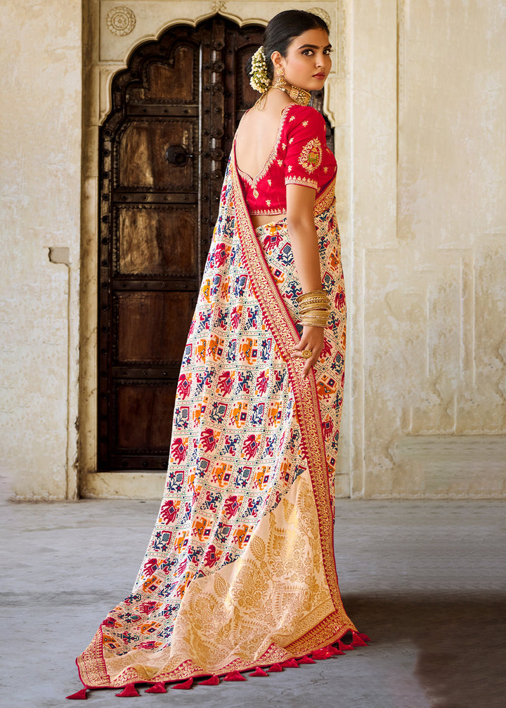 Rice White Woven Dola Silk Saree with Embroidered Blouse