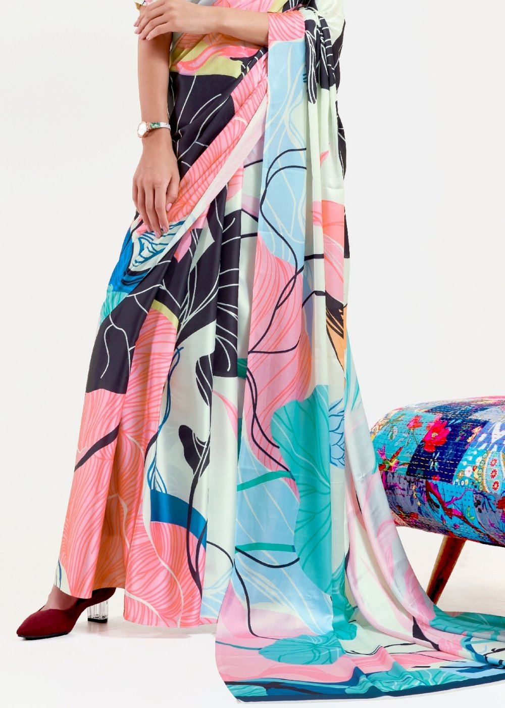 Multi Colored Printed Satin Crepe Saree