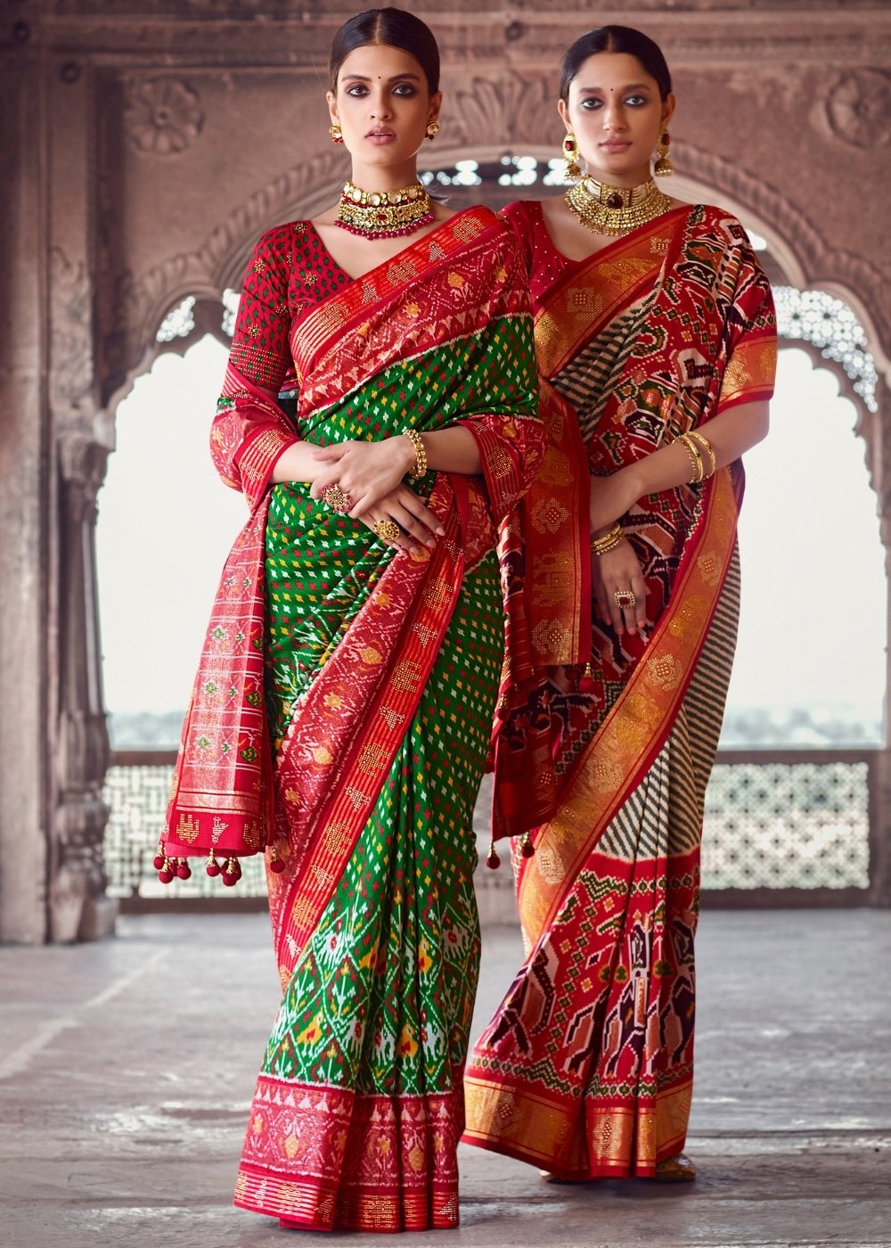 Kelly Green & Red Patola Silk Saree with Zari Border Pallu & Stone work