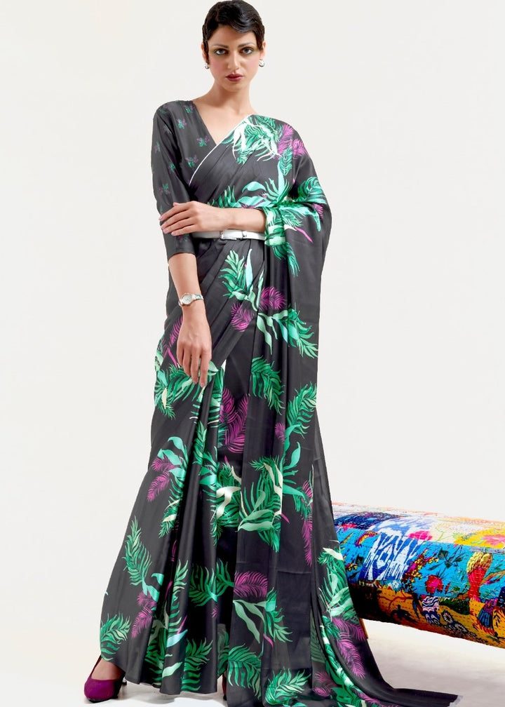 Ebony Black Printed Satin Crepe Saree