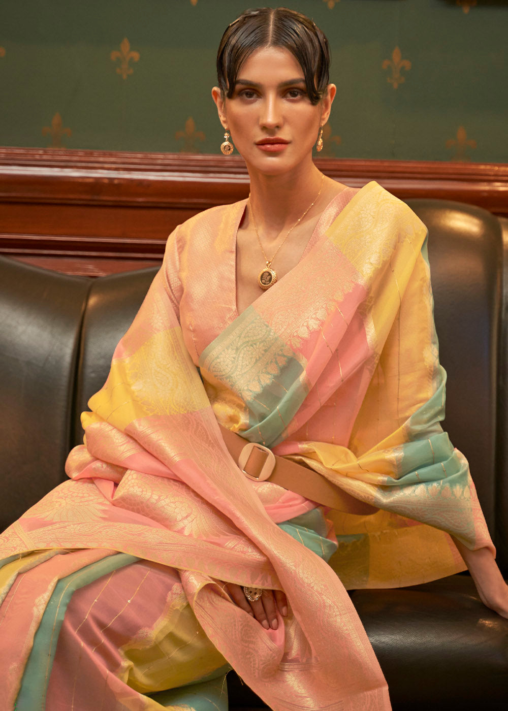 Yellow & Pink Organza Silk Saree