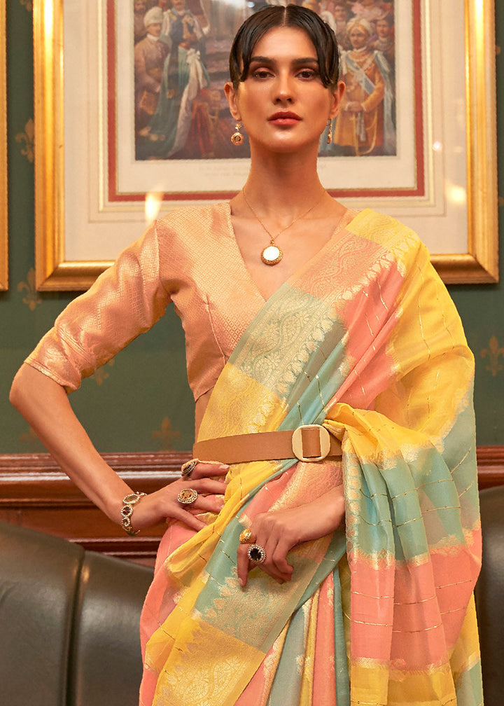 Yellow & Pink Organza Silk Saree