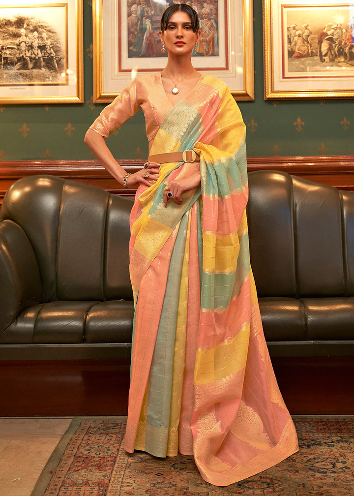 Yellow & Pink Organza Silk Saree