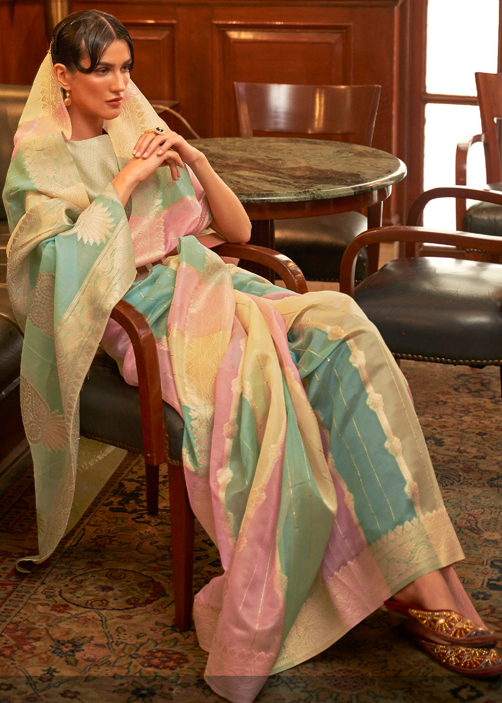 Green & Pink Organza Silk Saree