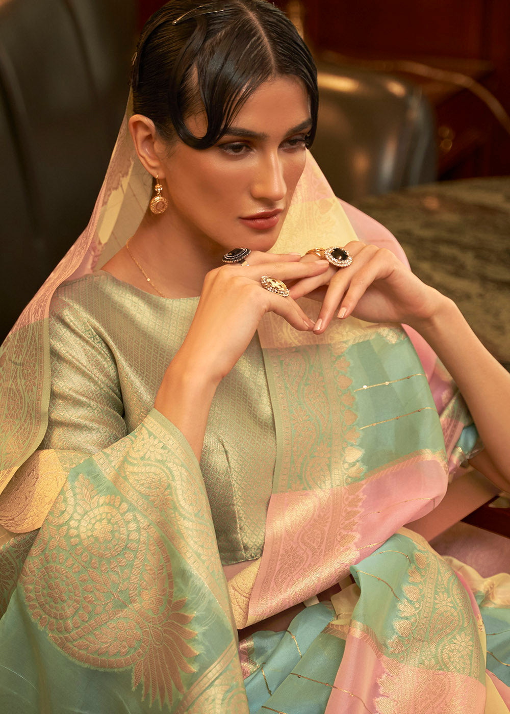 Green & Pink Organza Silk Saree