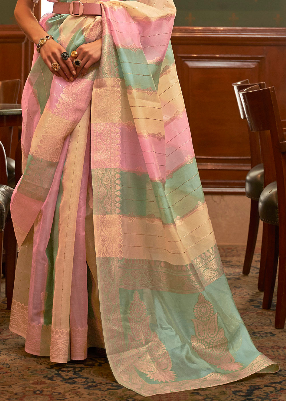 Green & Pink Organza Silk Saree