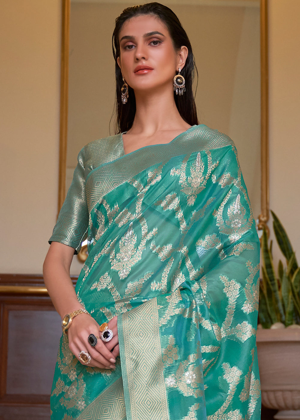 Tiffany Blue Green Two Tone Organza Silk Saree