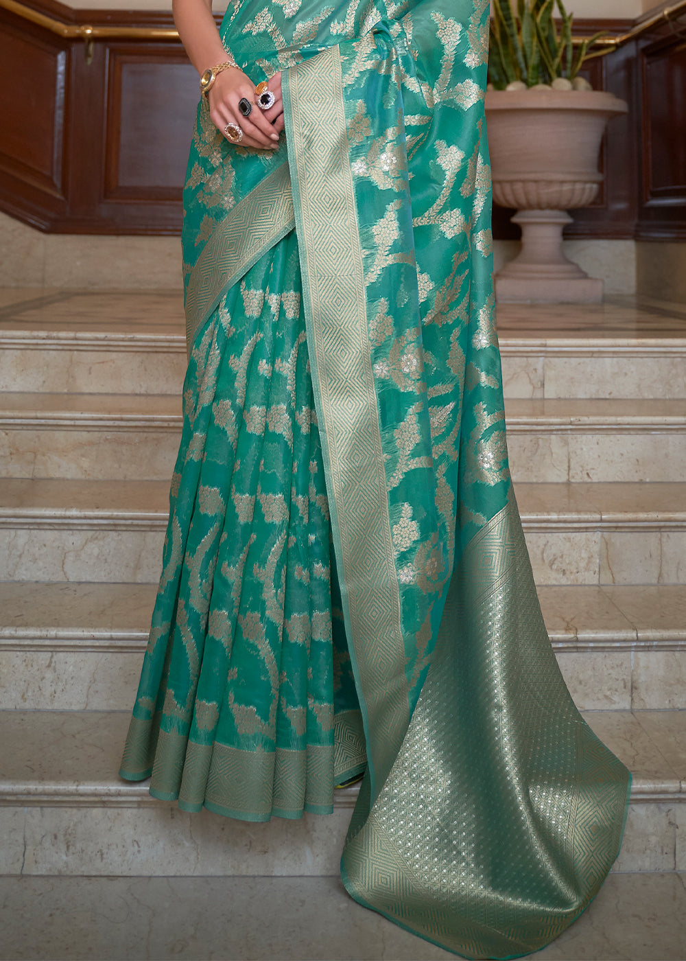 Tiffany Blue Green Two Tone Organza Silk Saree