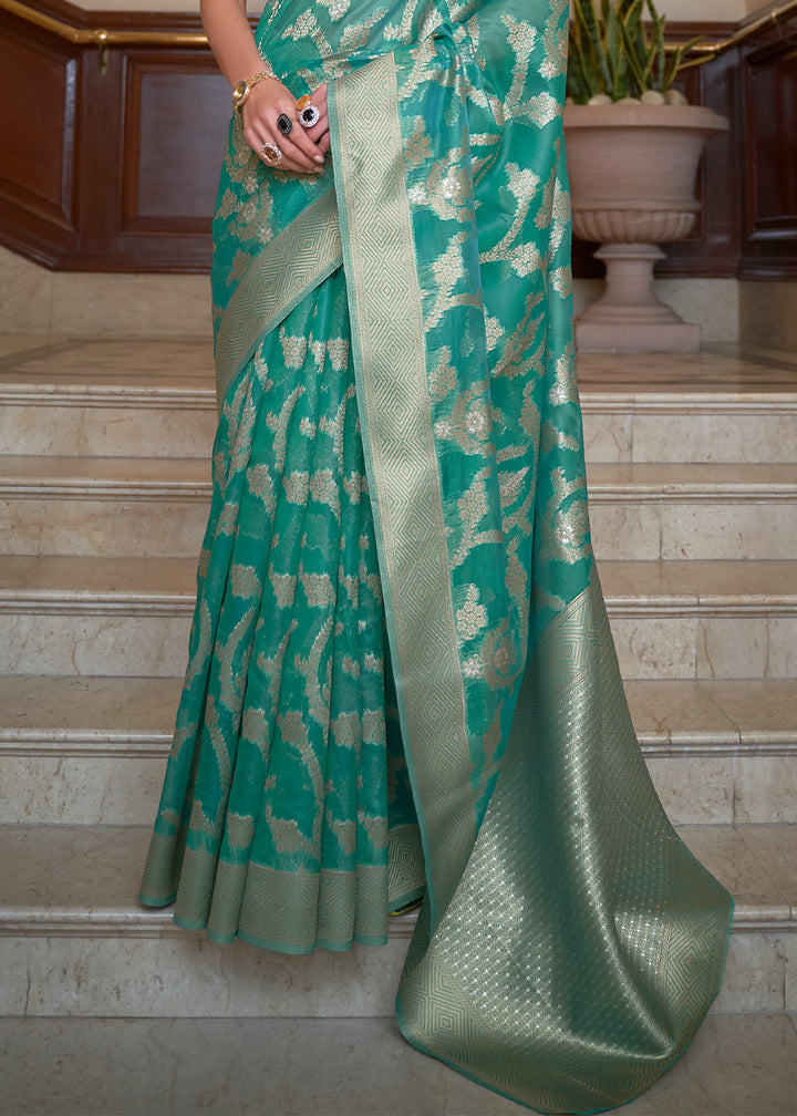 Tiffany Blue Green Two Tone Organza Silk Saree