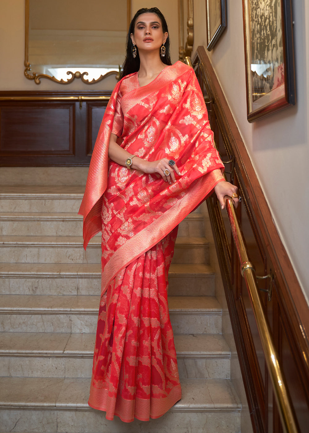Crimson Red Two Tone Organza Silk Saree