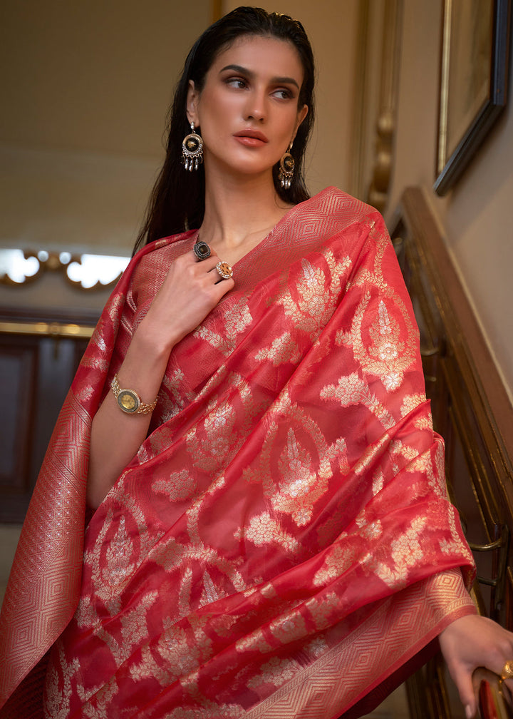 Crimson Red Two Tone Organza Silk Saree