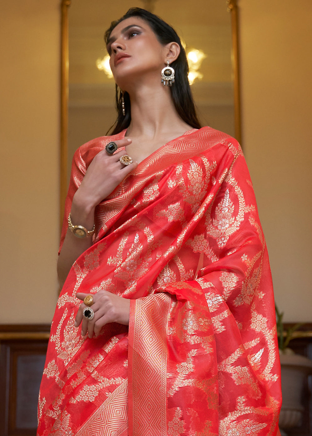 Crimson Red Two Tone Organza Silk Saree