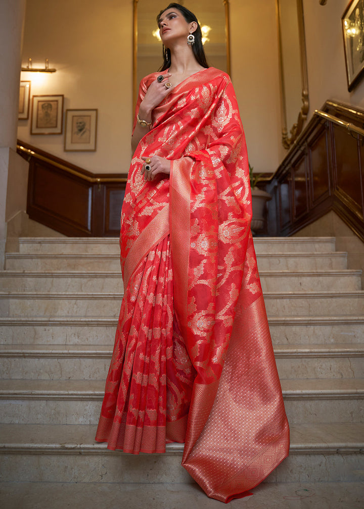 Crimson Red Two Tone Organza Silk Saree
