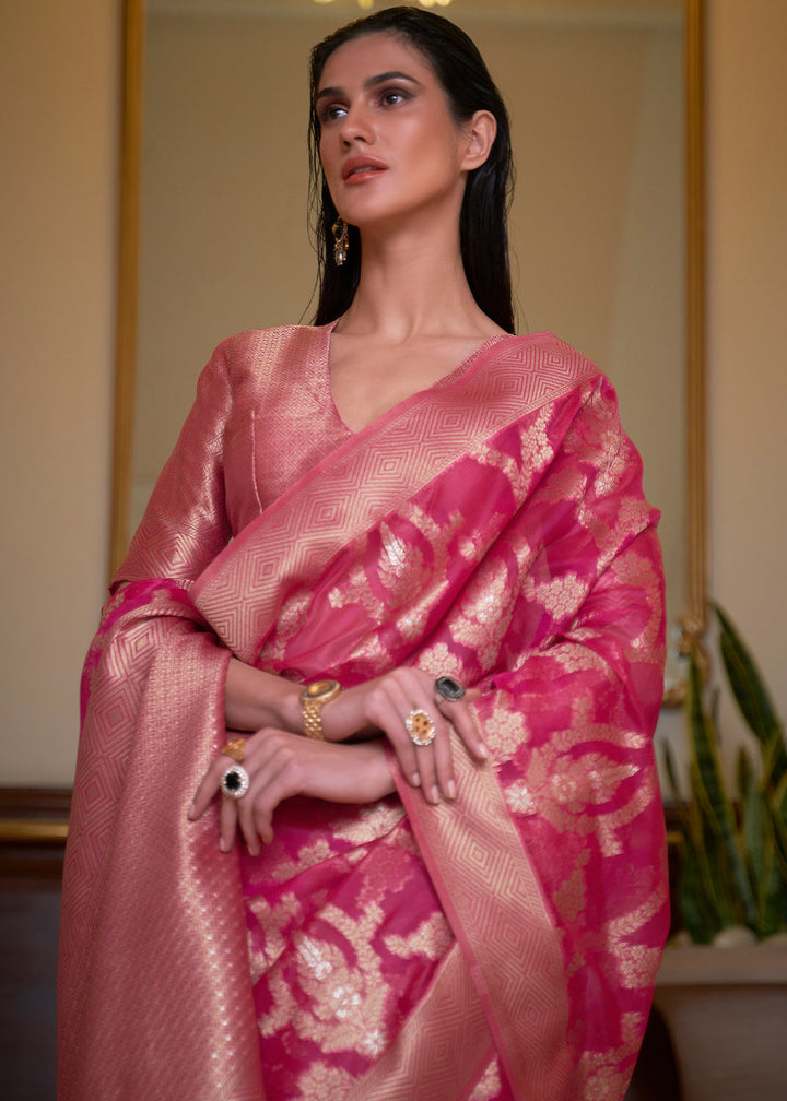 Hot Pink Two Tone Handloom Woven Organza Silk Saree