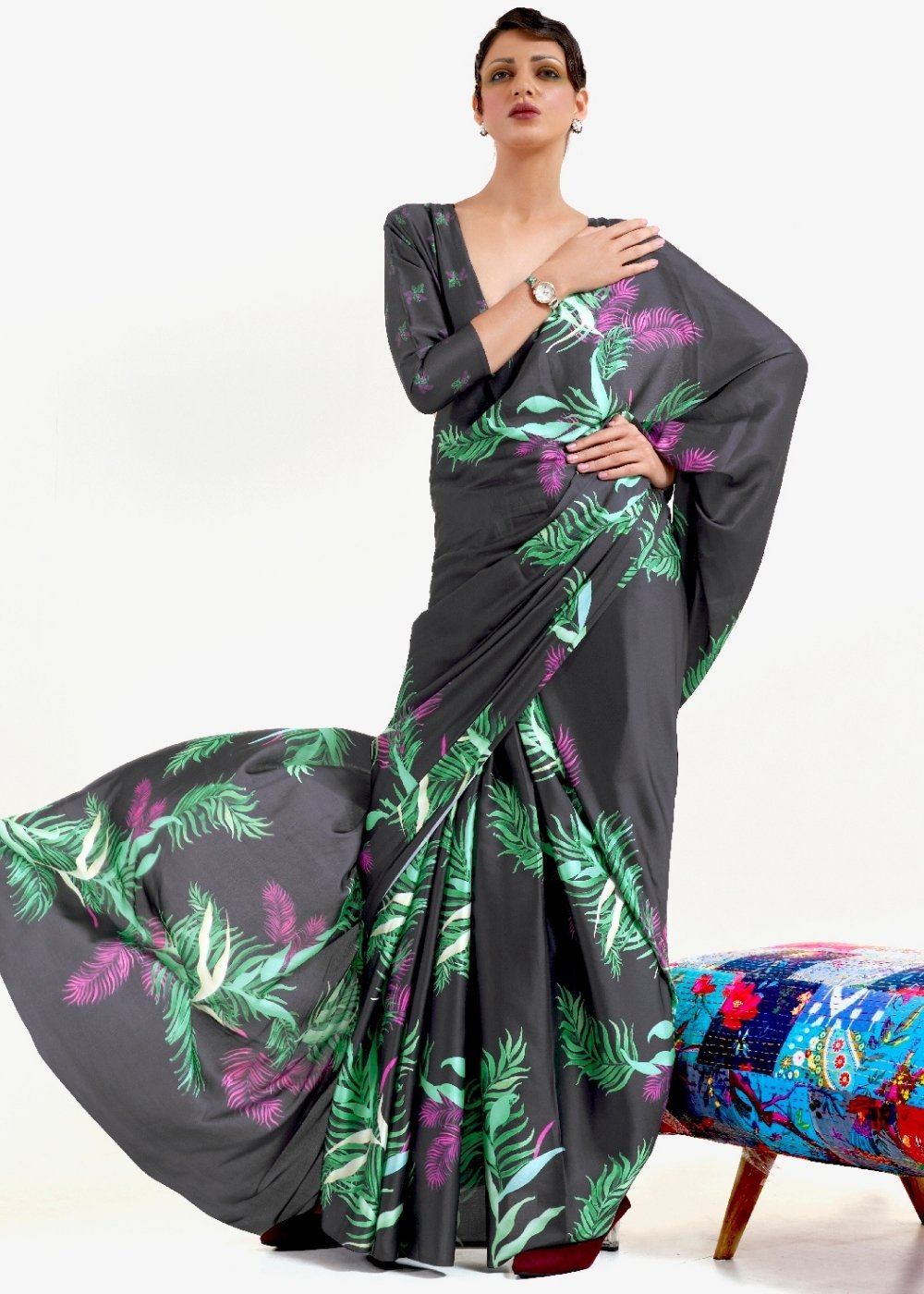 Ebony Black Printed Satin Crepe Saree