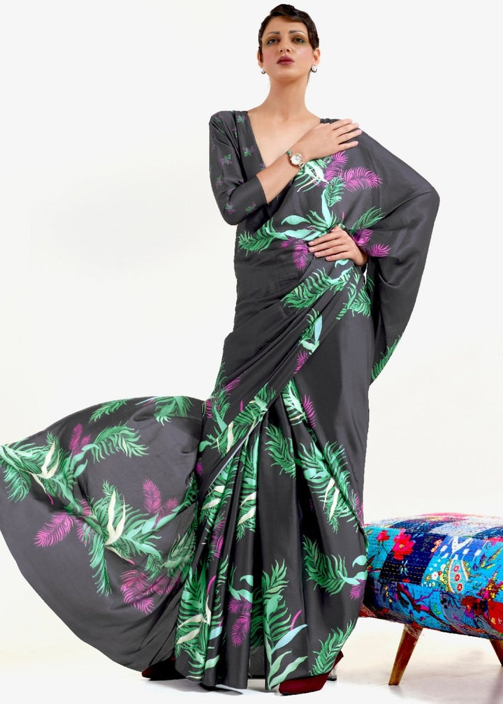 Ebony Black Printed Satin Crepe Saree