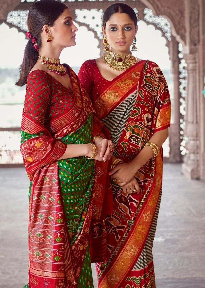 Kelly Green & Red Patola Silk Saree with Zari Border Pallu & Stone work