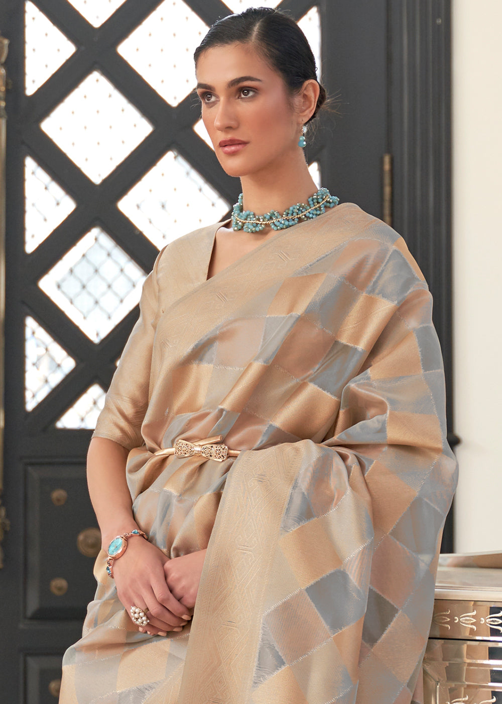 Golden Brown & Grey Organza Silk Saree