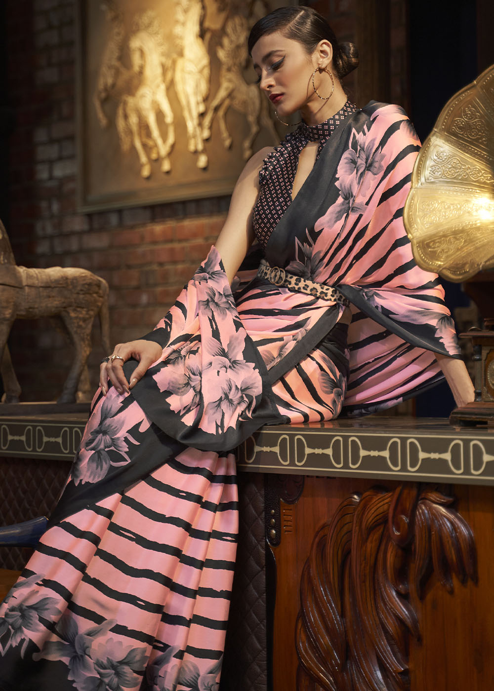 Mauvelous Pink Designer Satin Crepe Printed Saree