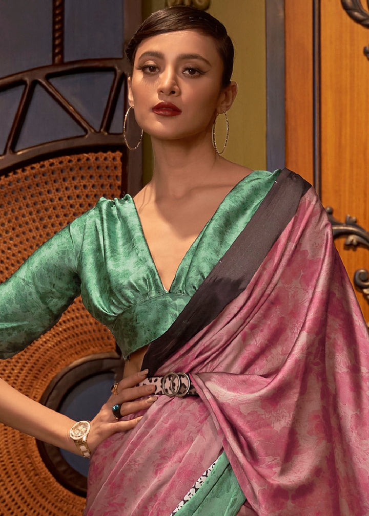 Green & Pink Designer Satin Crepe Printed Saree