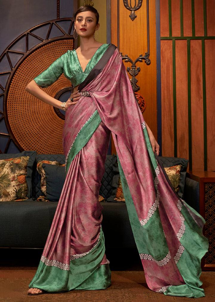 Green & Pink Designer Satin Crepe Printed Saree