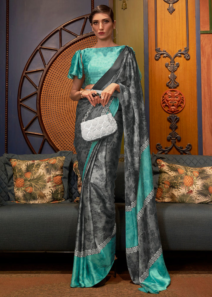 Grey & Blue Designer Satin Crepe Printed Saree