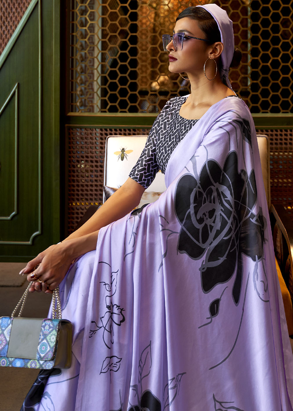Heliotrope Purple Designer Satin Crepe Printed Saree
