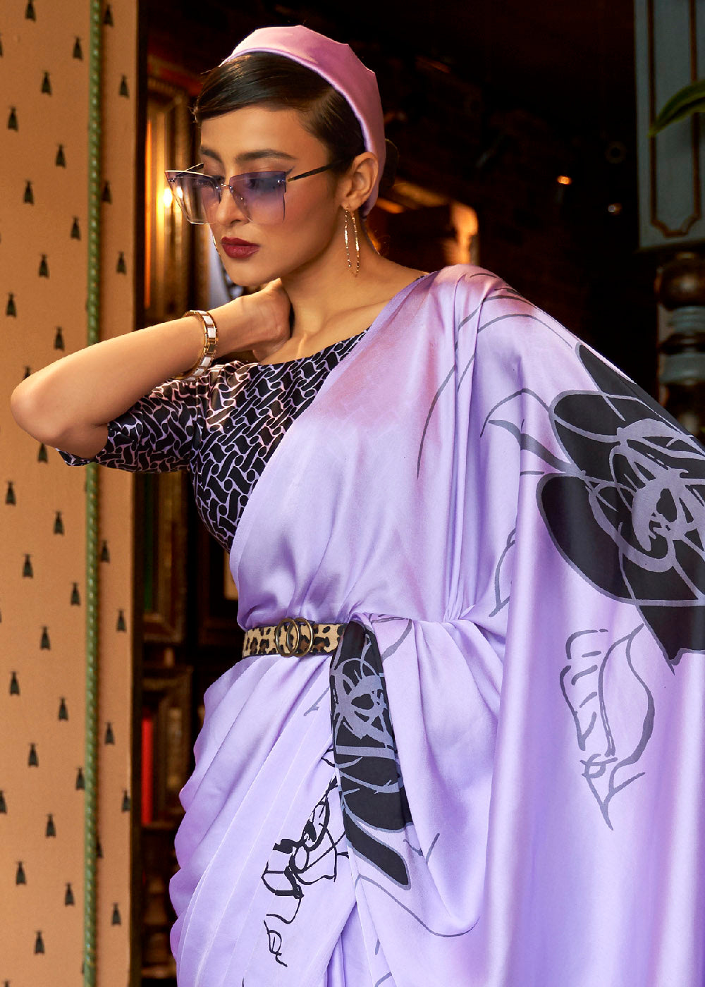 Heliotrope Purple Designer Satin Crepe Printed Saree