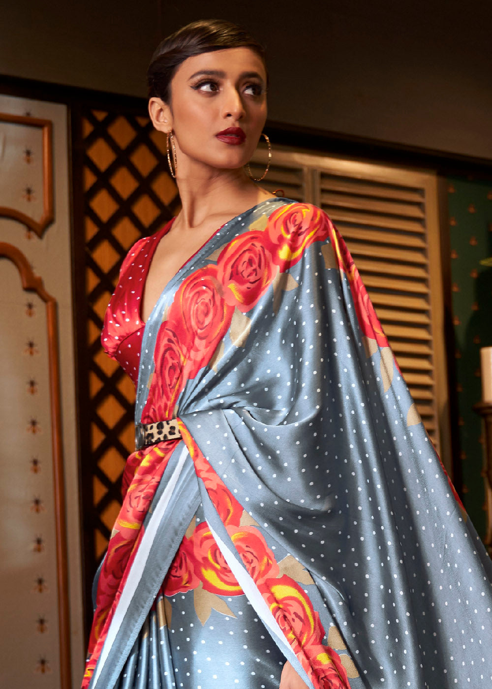 Lead Grey Printed Crepe Silk Saree: Top Pick