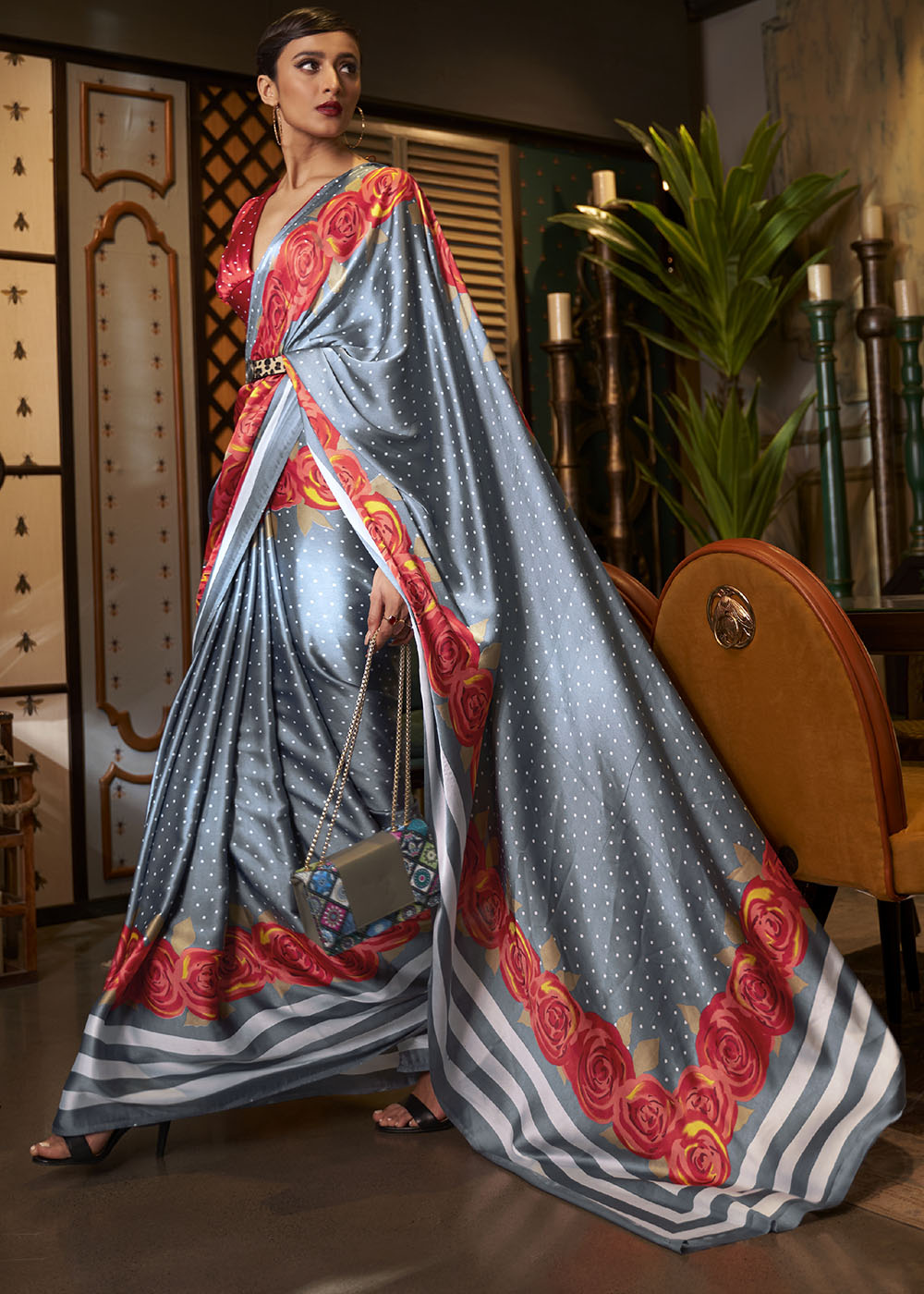 Lead Grey Printed Crepe Silk Saree: Top Pick