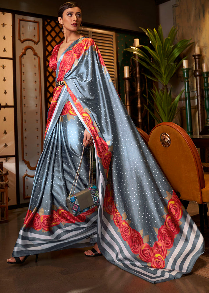 Lead Grey Printed Crepe Silk Saree: Top Pick